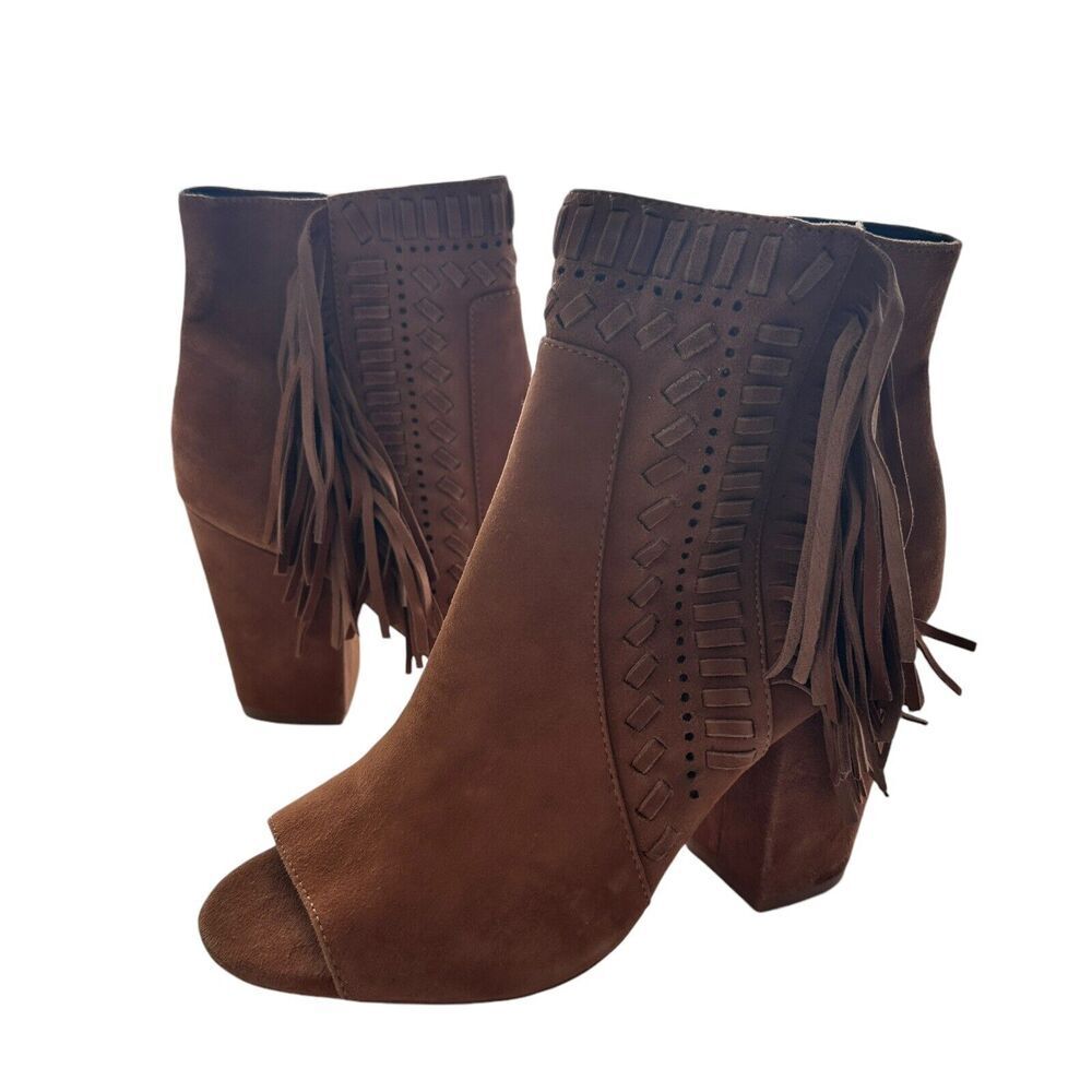Rebecca Minkoff Iris Bootie 8 suede Brown Fringe coastal cowgirl Peep Toe Heeled